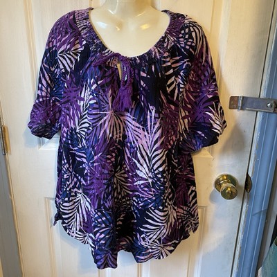 Catherines 0X/XL Short Sleeve Round Neck Breezy Blouse Top Tropical Beach Casual