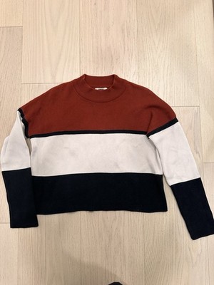 Koton Women s Red/White/Black Striped Cotton Knit Crewneck Sweater Size M