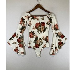Whimsical Romantic Floral A'GACI Women Small Cream Rust Bell Sleeve Bodysuit