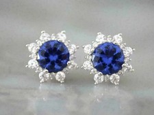 3Ct Lab Created Sapphire And Diamond Stud Earrings In 14k White Gold Finish