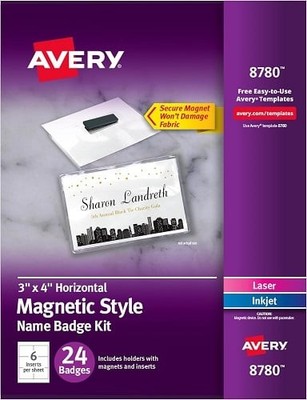 Magnetic Style Name Badges PVC Plastic 3x4in White Laser/Inkjet Landscape 24/PK
