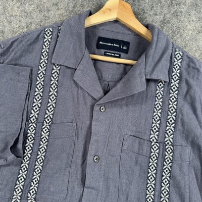 Abercrombie & Fitch Shirt Mens Large Gray Linen Blend Embroidered Guayabera