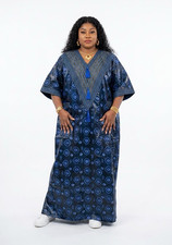 Women s Blue Geometric Ankara Cotton V-Neck Tassel Kaftan Maxi DRESS ONE SIZE
