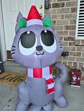 Enchanted Forest Cat In Santa Hat Inflatable Light Up 3.5 Ft Christmas Decor 