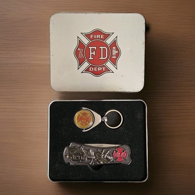 VTG MAXAM Firefighter Collector's Set~Figural Pocket Knife & Key Ring~Tin Box