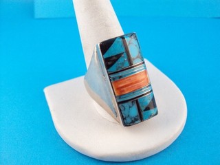 ANELLO VINTAGE ARGENTO STERLING DESIGN NATIVO SUD OVEST DA UOMO MULTI PIETRA MISURA 13