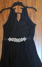 Black Pleated  Halter Formal Gala Gown Dress Sz 6 Beaded Rhinestone Detail