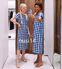 ZARA NEW WOMAN MIDI ZW COLL CHECKED TIE DRESS BLUE XS-XL 2112/157/400