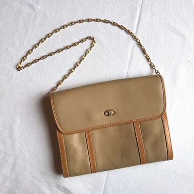 Vintage Celine Paris Triomphe Leather Chain Crossbody Tan Gold Hardware Flap