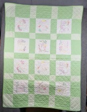 Vtg Quilt Childs Nursery Embroidered Animals Gingham Green 4x3 Cottagecore