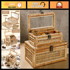 Set of 2 Boho Rattan Decorative Boxes with Glass Lids - Rustic Woven Cane Storag