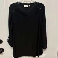 DENIM & CO Large Embellished Tunic Adj Sleeves Black
