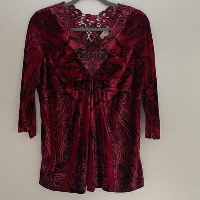Live & Let Live Women's Top Blouse Y2K Dark Floral Velvet Babydoll Red Black PXL