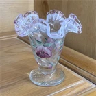 Fenton  Purple Green Glass Vase Hand Painted Ruffled Floral Signed S. Belair
