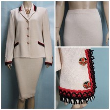 St. John Evening Black Jacket Skirt L Size 12 10 2pc Suit Red Black Trim Buttons