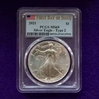 2021  American Silver Eagle Type 2 PCGS MS69 FDOI US Flag 1oz .999 Silver