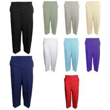 Ladies Half Elasticated Waist 3/4 Three Quarter Cropped Trousers Womens UK 8-24