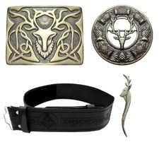 TC Masonic Kilt Belt Buckle Scottish Highland Kilts Pin  Brooch Stag Head Badge
