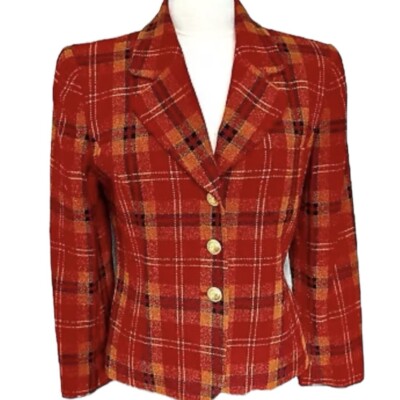 Rena Rowan for Saville Sz 10 Blazer Red Orange Black Plaid VIntage Y2K Mod 0801