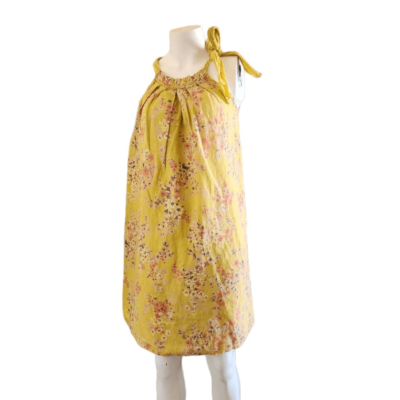 Bellambra mustard floral sleeveless swing halter top dress pure 100% linen Bellambra mustard floral sleeveless swing halter top dress pure 100% linen