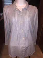 J JILL UNCOMMON THREADS Blue White Gingham Check Roll Tab Sleeve Tunic Blouse S