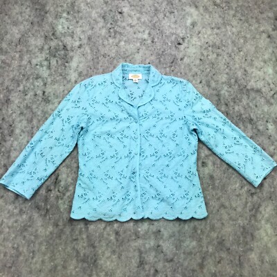 Talbots Womens Shirt Top Size Blue Eyelet Floral Embroidery All Over  Button Up