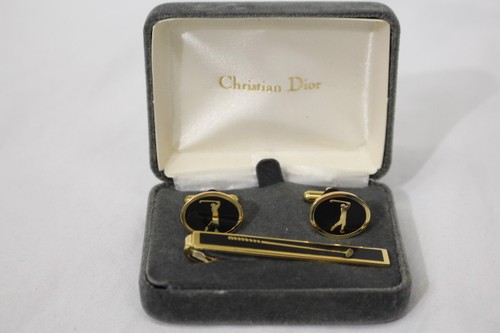 NEW Christian Dior Gold/Onyx GOLF Motif TIE BAR Clip & CUFF LINKS Boxed Set NIB - Picture 7 of 8