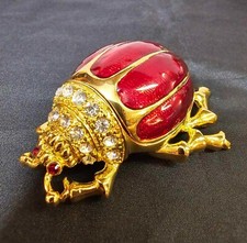 Ladybug Beetle Red Enamel Bejeweled Hinged goldtone metal Trinket Box- heavy- A5