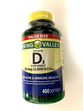 Spring Valley Vitamin D3 Supplement Softgels, 50 Mcg (2,000 IU), 400 Count