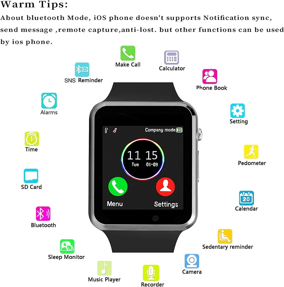 Blue tooth Touchscreen Smartwatch phone with Call Text message Christmas Gift - Image 2 of 4