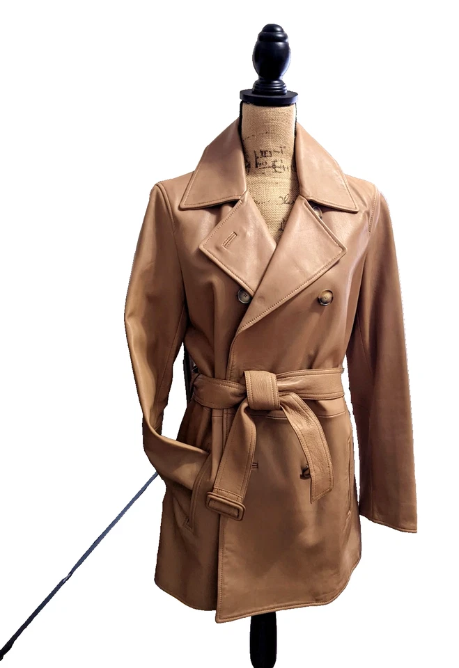 TRINCHERA MASSIMO DUTTI CUERO SUAVE GENUINO CON CINTURÓN 32" - MARRÓN CLARO; TALLA M Foto 3 de 4