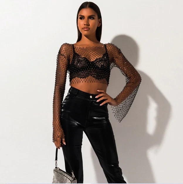 See Through Crop Top Long Sleeve Mesh LBGT Rhinestone Crystals Net