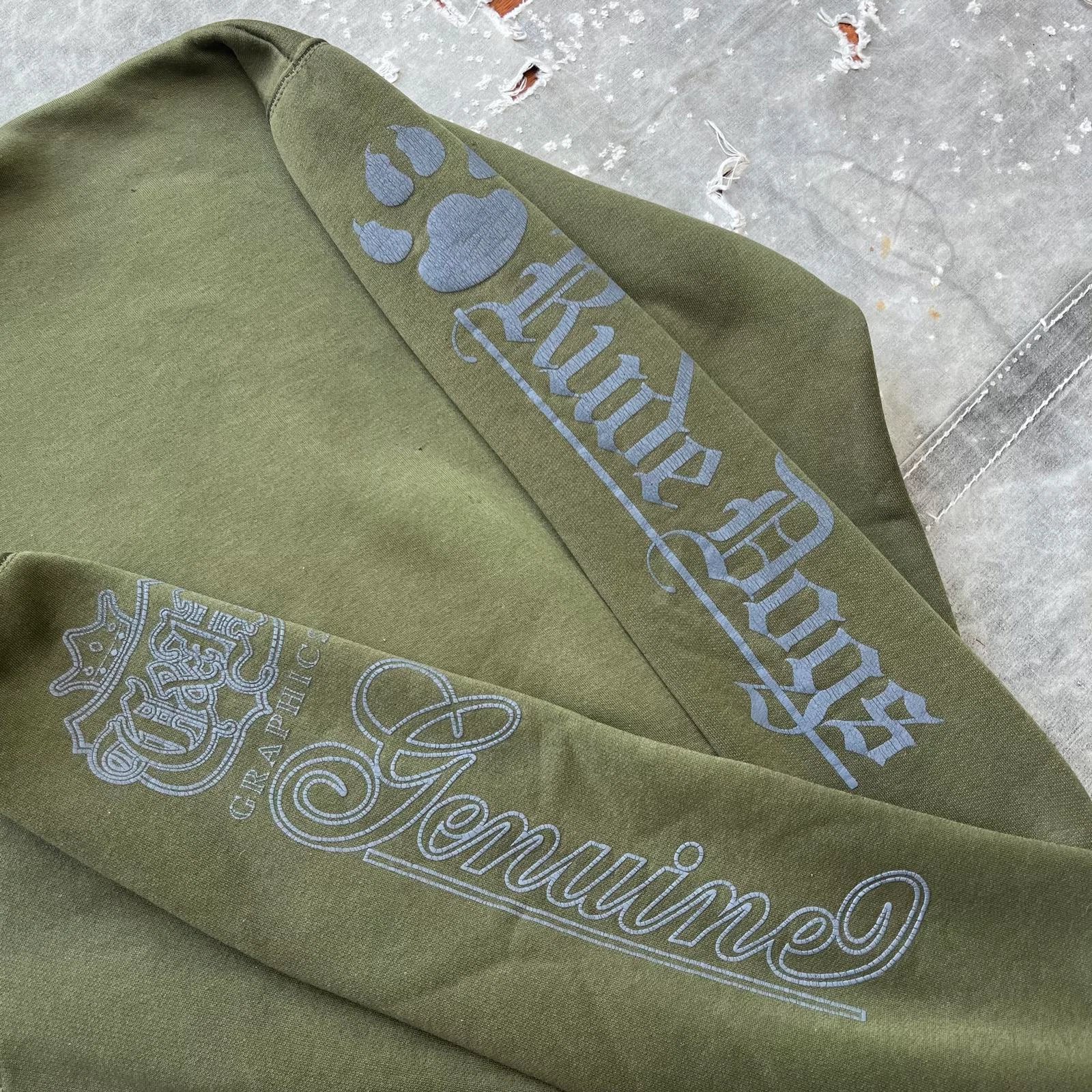 RHUDE Felpa con cappuccio vintage Y2K verde oliva cani maleducati pitbull grunge