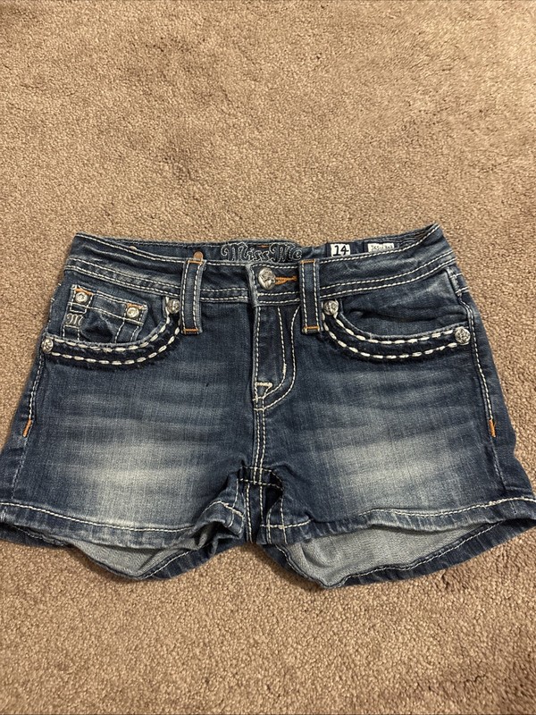 miss me girls 14 denim stud detail Blue Jean shorts Flap Back Pocket Distressed