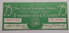 Lewiston, Maine - ME - 25 cent (25c) Depression Scrip, Dated March 9, 1933 Lewiston, Maine - ME - 25 cent (25c) Depression Scrip, Dated March 9, 1933