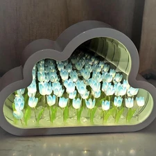 DIY Cloud Tulip Mirror Night Light, Simulation Flower Bedroom Cloud Tulip Tab...