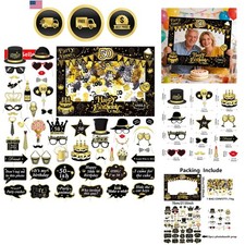 50th Birthday Photo Booth Props, Black and Gold, 55 Pcs with Frame Glitter fo...