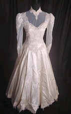 High Neck Ivory Train Sz M Hanging Bustle Beads Wedding Gown Dress