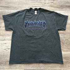 Thrasher Shirt Mens XL Gray Skate Short Sleeve Spell out Magazine Flame Fire