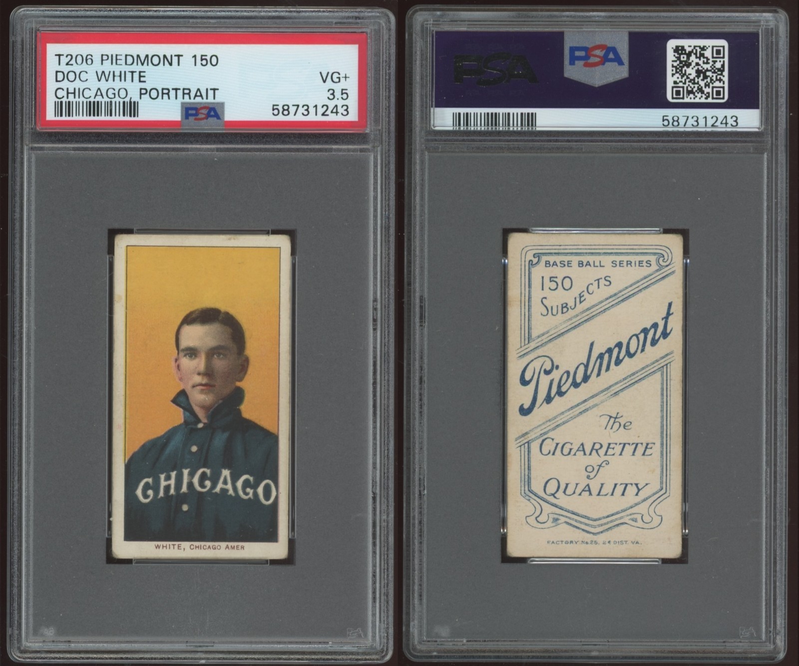 Doc White Portrait - Chicago White Sox - T206 Piedmont 150 - PSA 3.5 - Centered