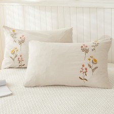 Cream Pillowcases, Embroidered Flower Pillow Cases Set of 2, 100 Washed Micr...