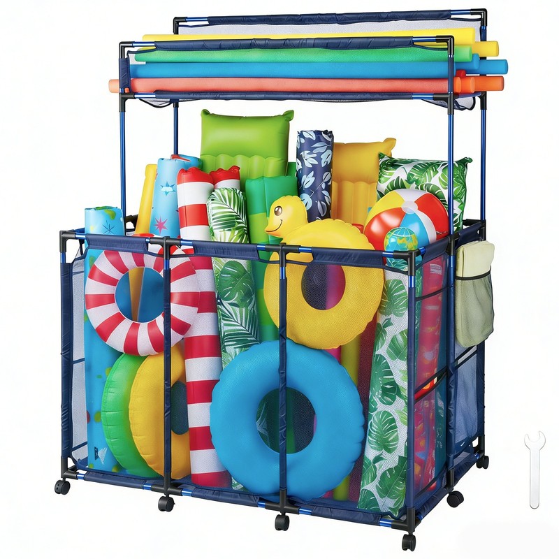 Yescom Metal Frame Pool Floats Storage Bin with 10 Wheels & Noodle Holder Blue
