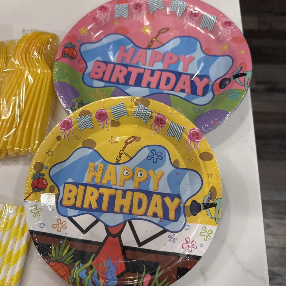 Spongebob SquarePants Birthday Party Set Plates Cups Cutlery For 10 plus more - Image 2 of 4