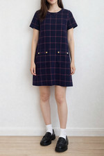 J Crew Dress Size 10 Navy Maroon Plaid Preppy Dark Academia Pocket Shift Zip
