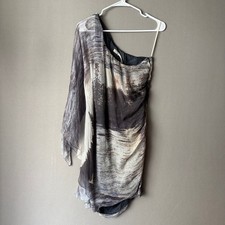 Leon Max sz S blue gray 100% silk one shoulder mini dress