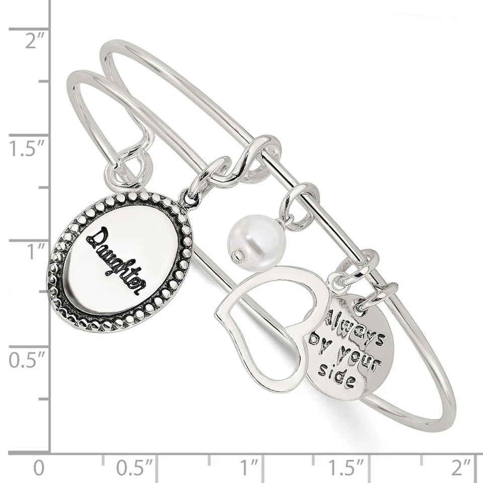 925 Sterling Silver Antiqued Pearl Daughter Charm Adjustable Bangle Bracelet 8" - Image 3 of 4