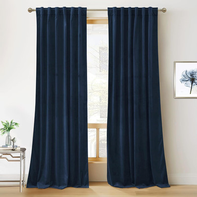 Navy Blue Velvet Curtains 102'' Long, Room Darkening, 2 Panels for Privacy