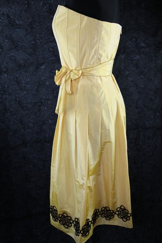 Kay Unger Yellow With Black Floral Trim 100% Silk Strapless Dress 2 XS $585 - Picture 2 of 6