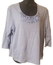 Ruby Rd Womens Top 3X Blue 3/4 Sleeve Stripe Beads Scoop Neck