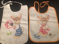 Vintage baby bibs Set Of 2  hand embroidered Bunny Rabbit Baby